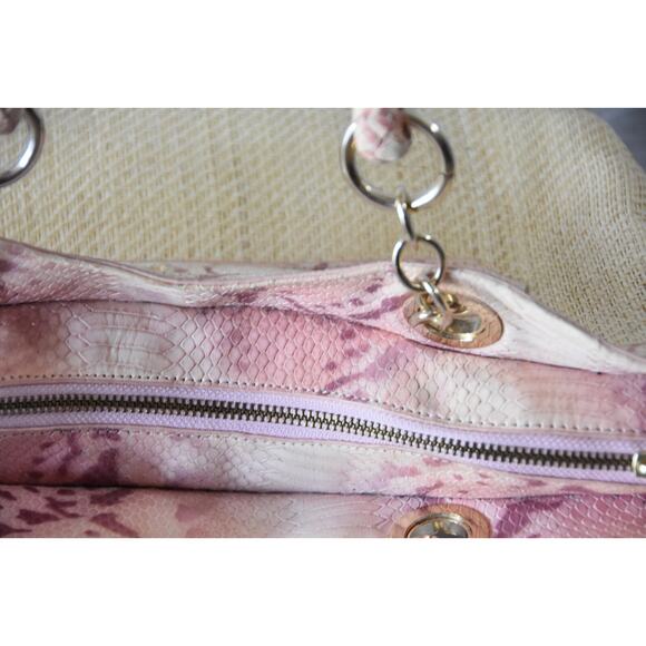 Elaine Turner Straw Purse With Snake Print Leather Bamboo Toggle Detail Handbag - Picture 6 of 8